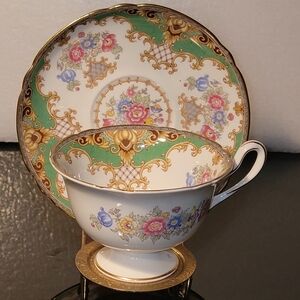 Shelley Sheraton Rear  Floral Teacup and Saucer with Gold Trim